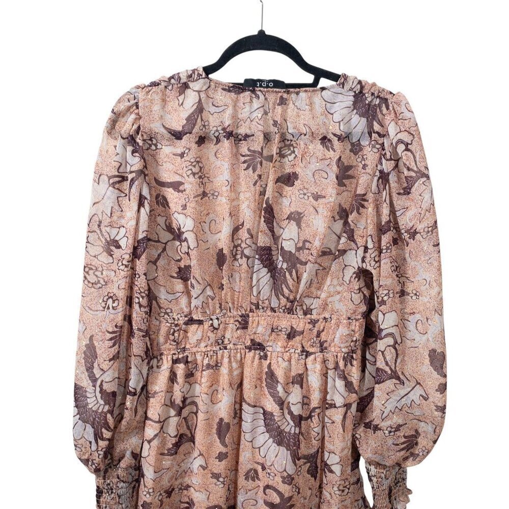 Anthropologie O.P.T Floral Birds Boho Prairie Dress SZ S Cream Brown Fall - Picture 3 of 11